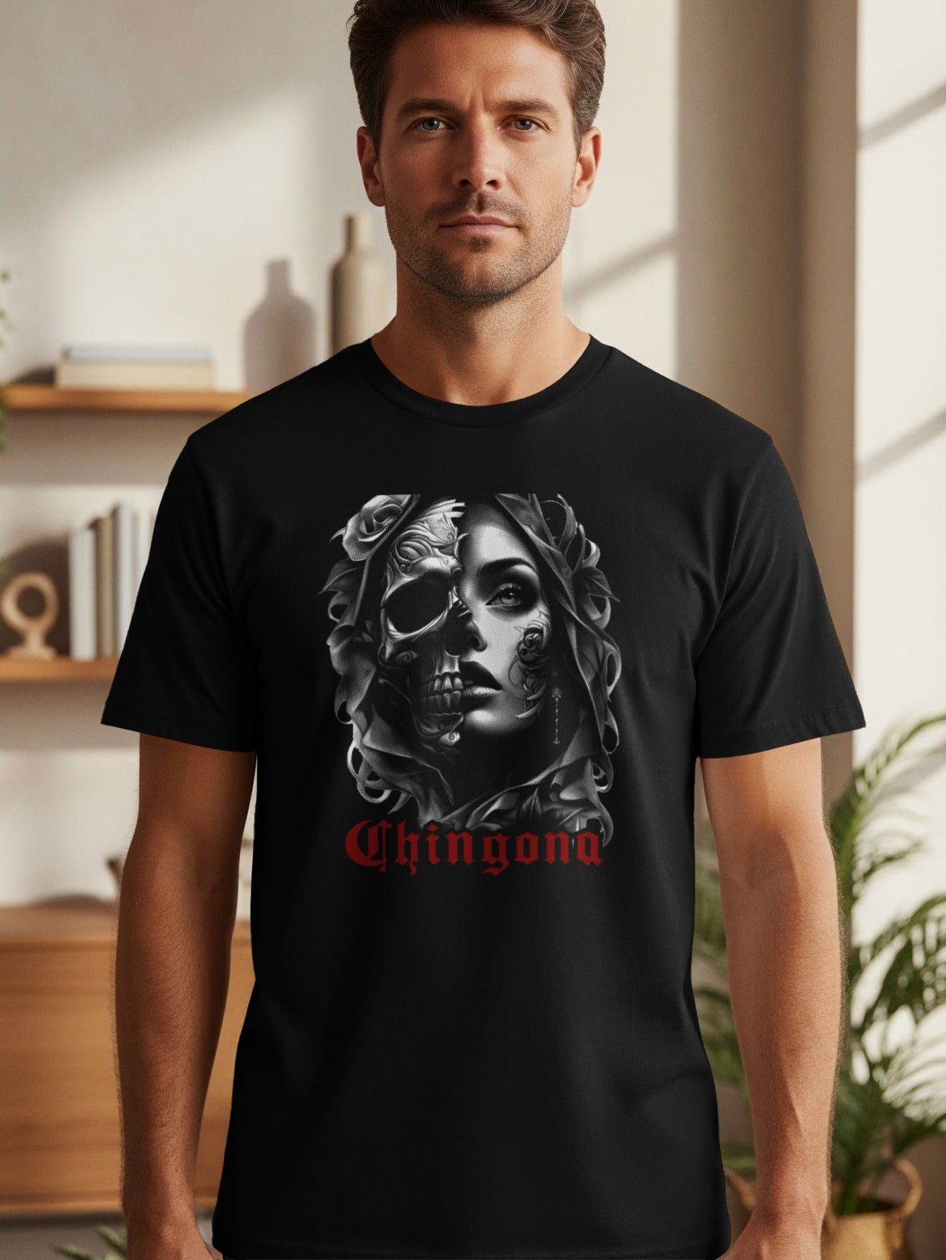 Black t-shirt with graphic of a skull face and woman's face, "Chingona" text.