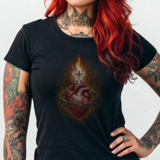 Black t-shirt with sacred heart, thorns, flames, and cross graphic.