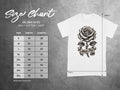 Gildan 5000 Heavy Cotton T-Shirt size chart with rose graphic and 