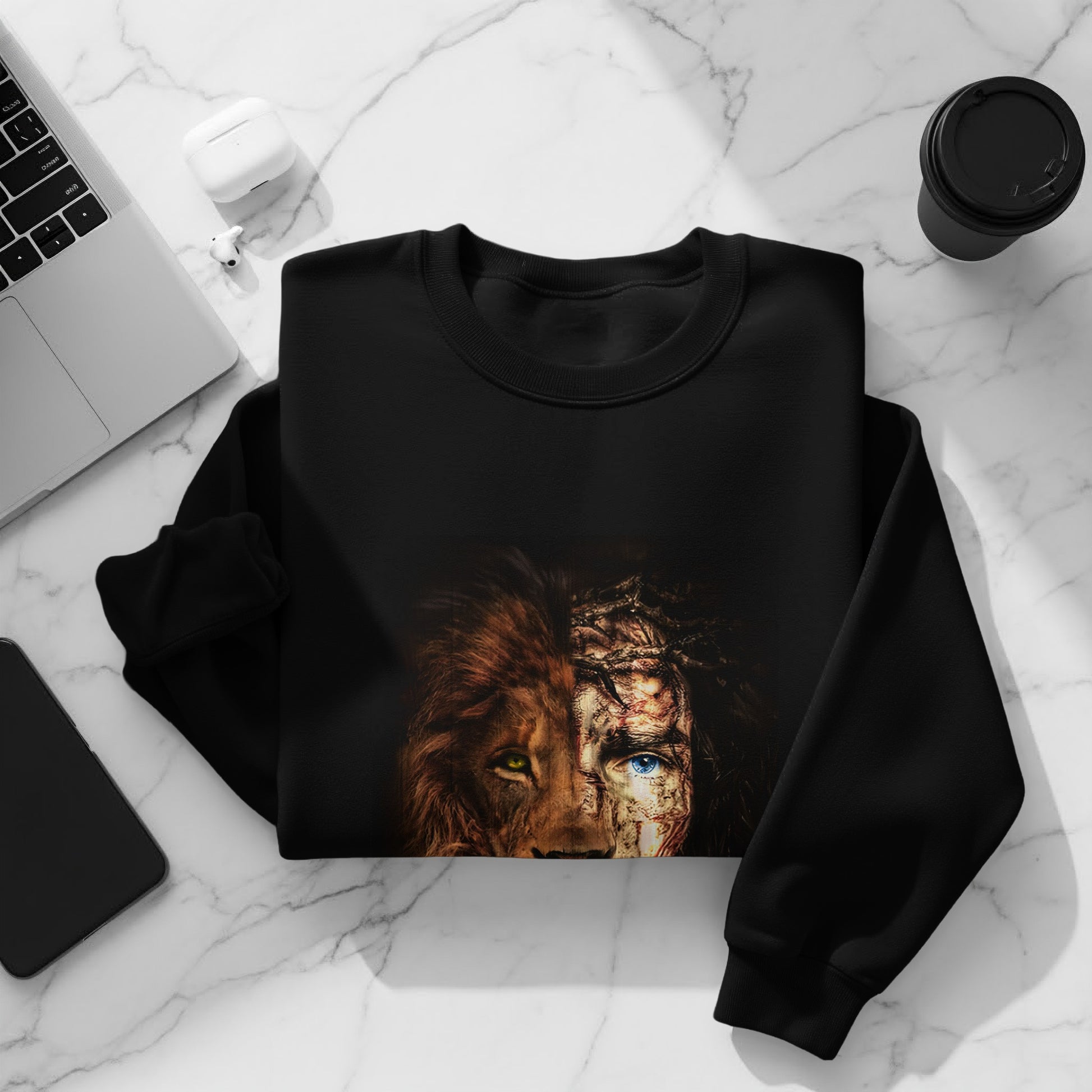 Black sweatshirt with half lion, half Jesus Christ portrait design.