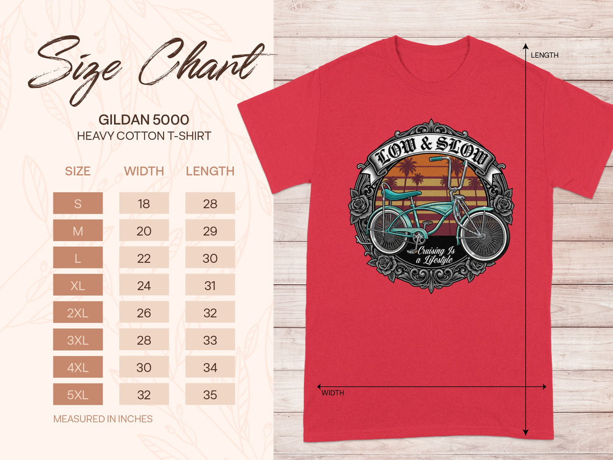 Gildan 5000 size chart showing width and length measurements in inches for sizes S-5XL.