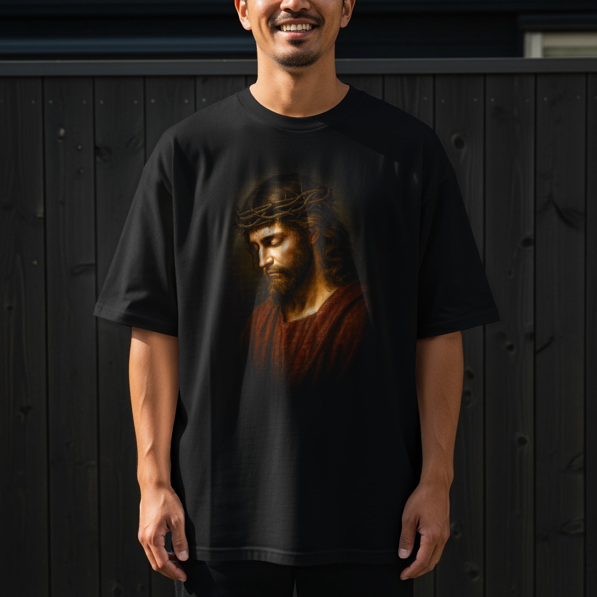 Black t-shirt with religious graphic of Jesus Christ.