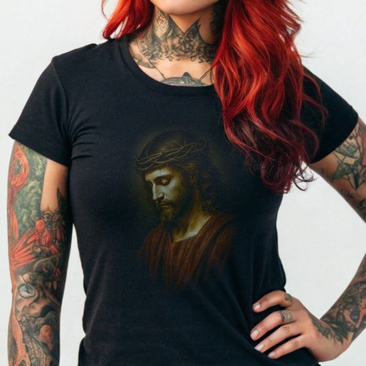 Black t-shirt with a portrait of Jesus wearing a crown of thorns.