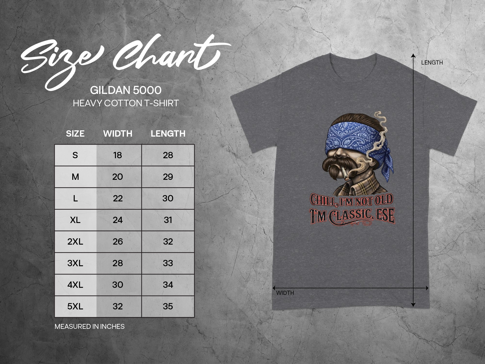Gildan 5000 t-shirt size chart and a t-shirt with a graphic of a man smoking.