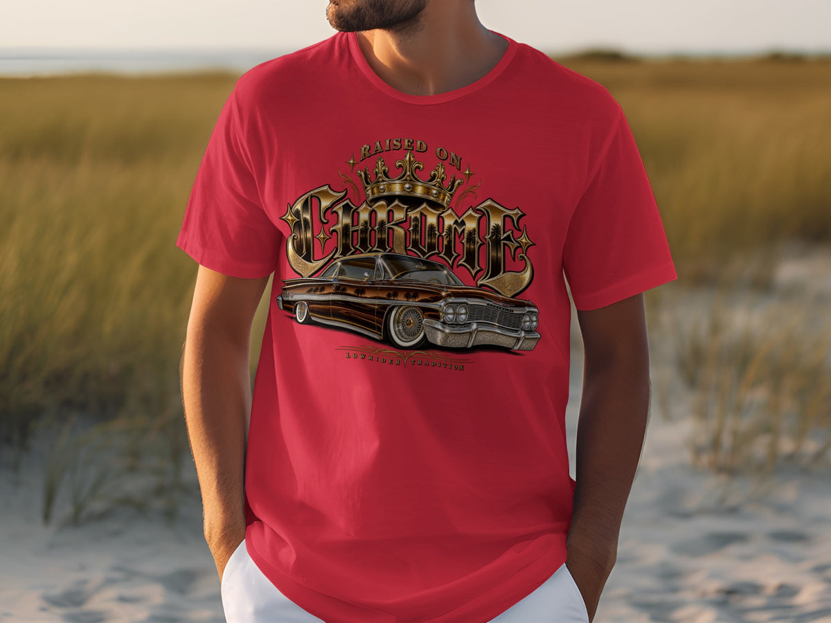 Red t-shirt with "Raised on Chrome" text and classic lowrider car graphic.