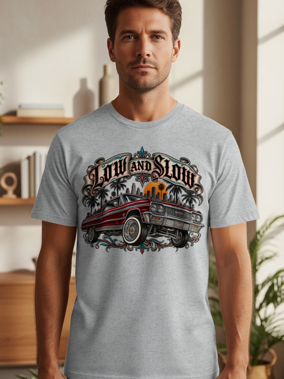 Grey t-shirt with "Low and Slow" text and a red classic lowrider car graphic.