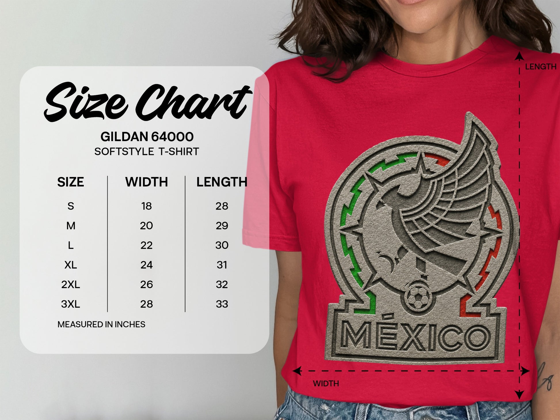 Gildan 64000 softstyle t-shirt size chart for Mexico design.
