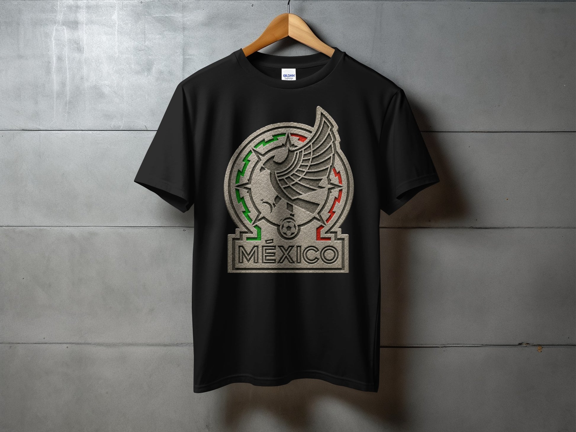 Black t-shirt with Mexico national football team emblem.