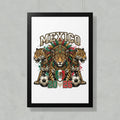Jaguar heads with Mexican flag headdresses flank 