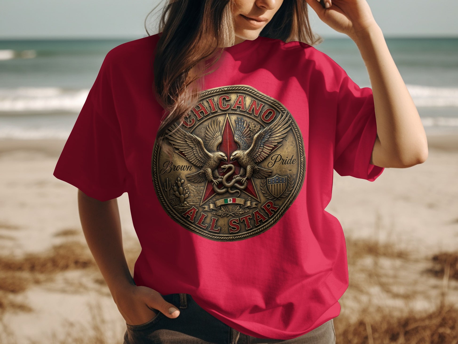 Red t-shirt with "Chicano Brown Pride All Star" emblem featuring eagles and a star.