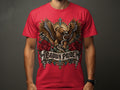 Red t-shirt with eagle, snake, roses, and 