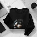 Black sweatshirt with a close-up graphic of Jesus wearing a crown of thorns.