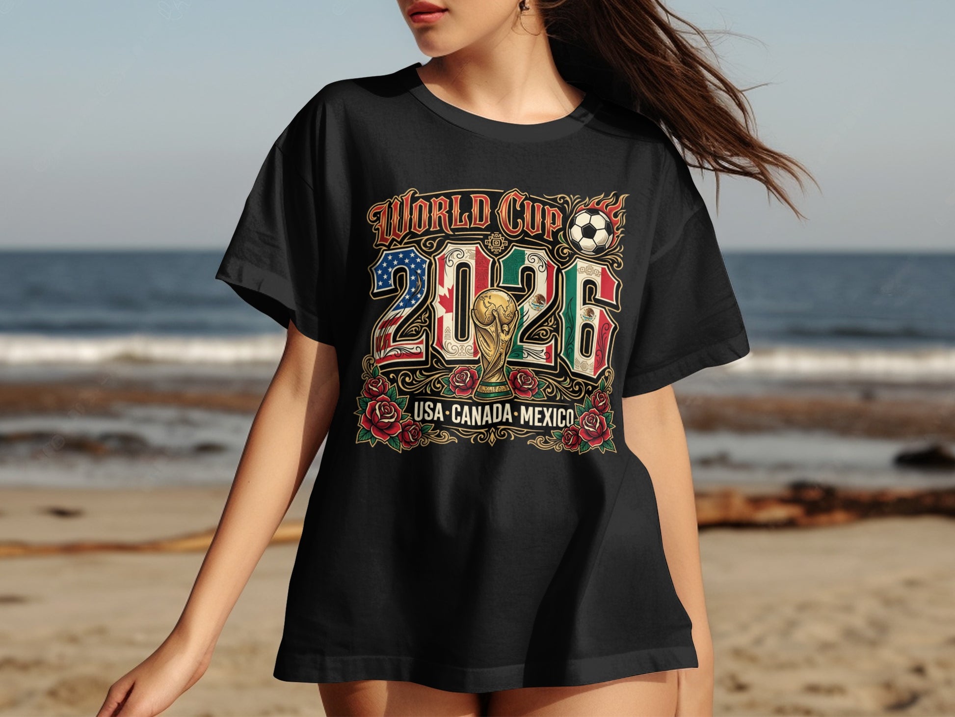 Black t-shirt with "World Cup 2026 USA Canada Mexico" text and roses.