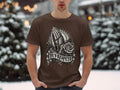 Brown t-shirt with praying hands, rosary, rose, and 