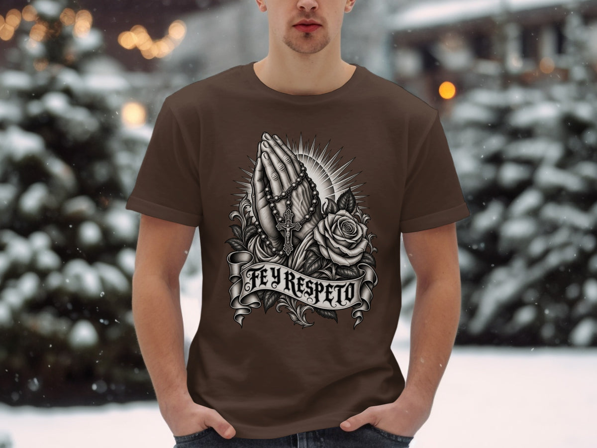 Brown t-shirt with praying hands, rosary, rose, and "FEY RESPETO" text.