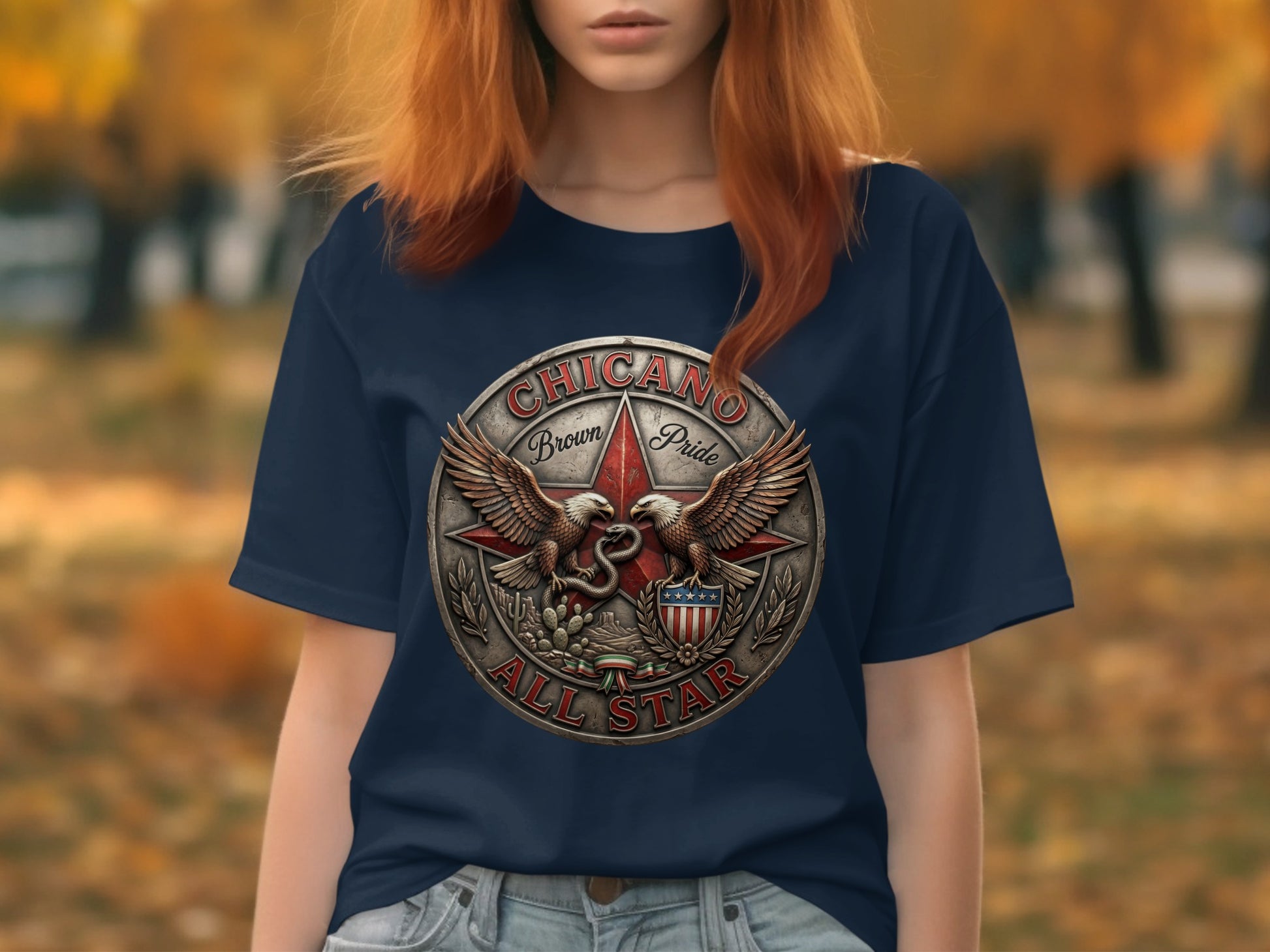 Navy t-shirt with Chicano Pride All Star emblem featuring eagles and stars.