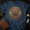 Navy t-shirt featuring a circular emblem with eagles and 
