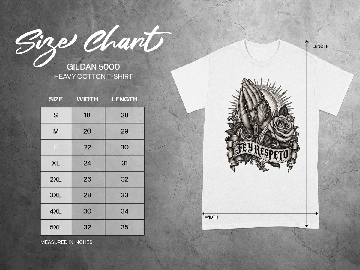Gildan 5000 Heavy Cotton t-shirt size chart with width and length measurements in inches.