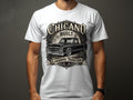 Chicano Built lowriding tradition graphic on a white t-shirt featuring a vintage black truck.
