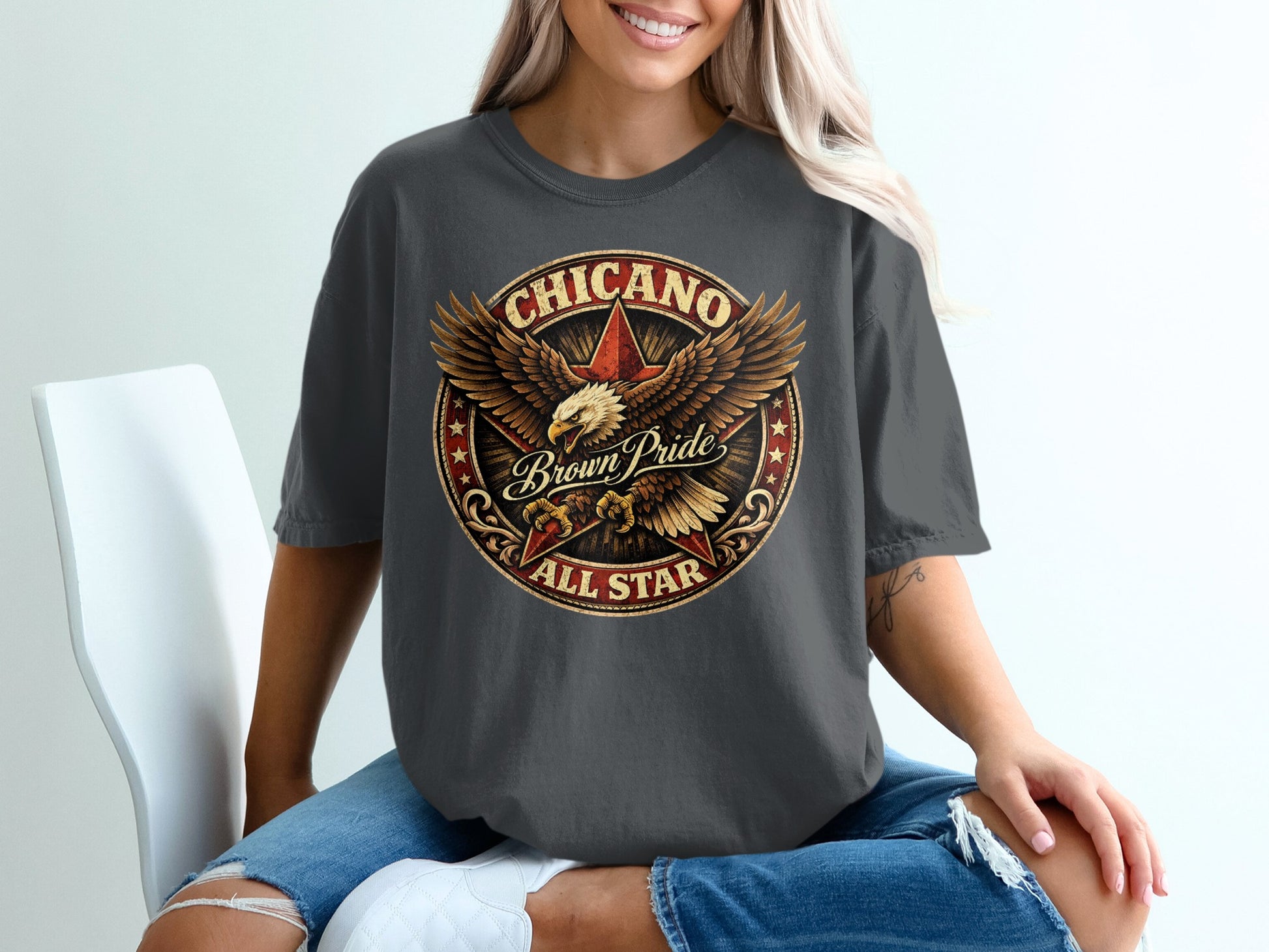 Dark gray t-shirt with Chicano Brown Pride All Star eagle graphic.