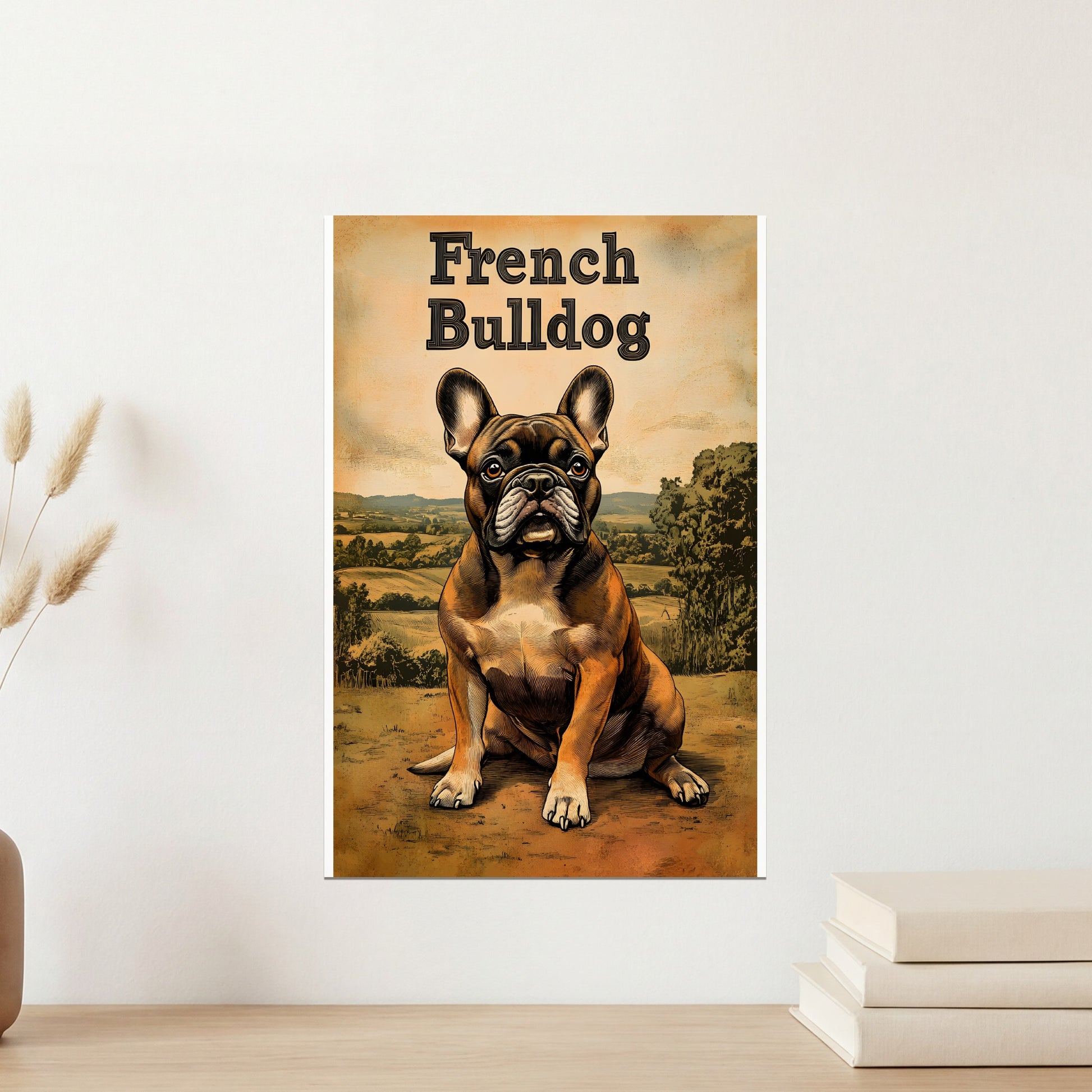 French Bulldog sitting in a rural landscape with "French Bulldog" text.