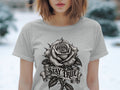 Gray t-shirt with a black and white tattoo-style rose and ribbon that says 