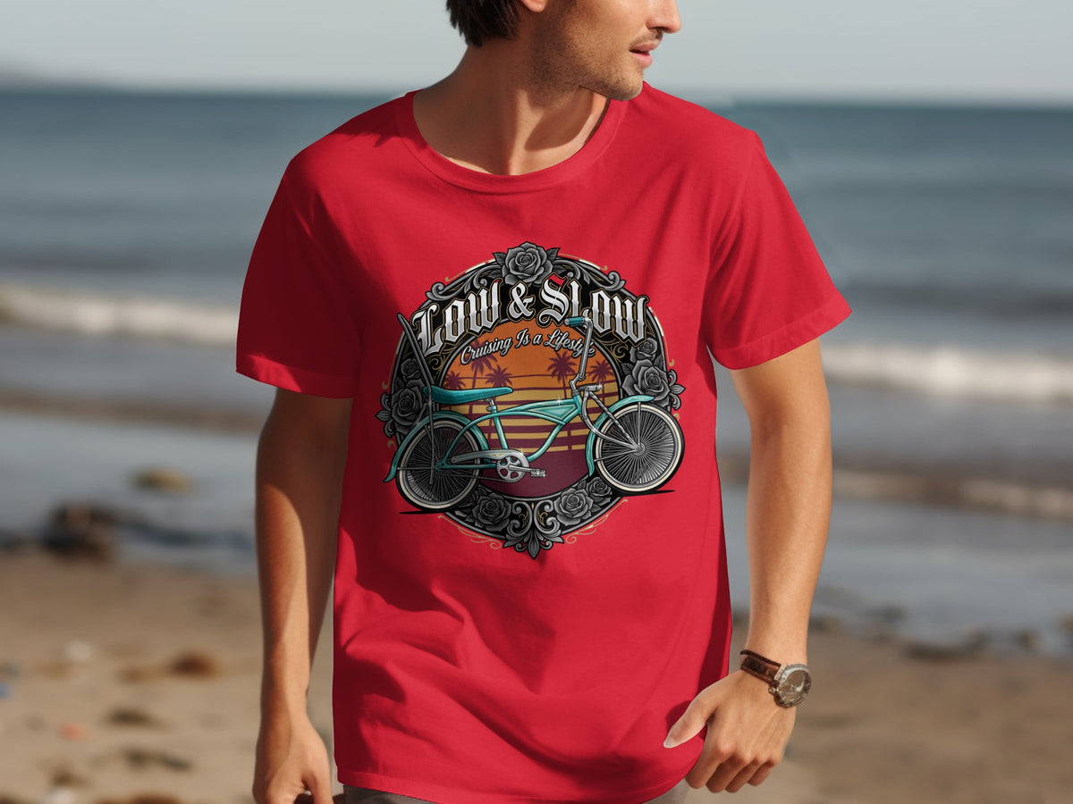 Red t-shirt with "Low & Slow Cruising Is A Lifestyle" text and a vintage bicycle graphic.
