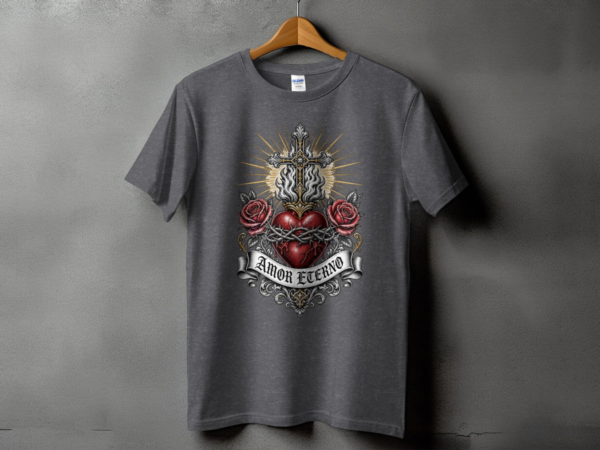 Dark grey t-shirt with Sacred Heart design and "Amor Eterno" text.