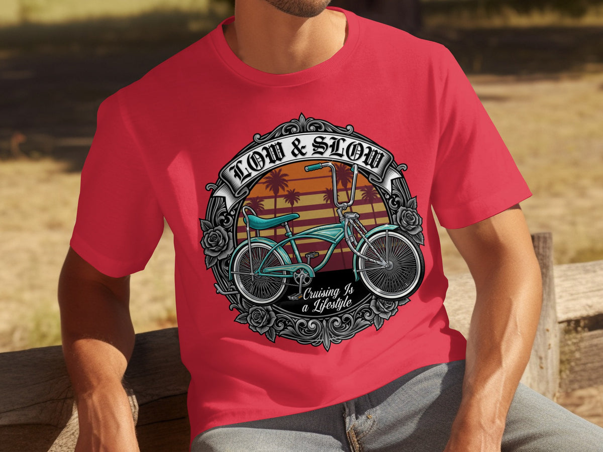 Red t-shirt with "Low & Slow Cruising Is a Lifestyle" text and lowrider bicycle graphic.