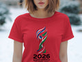 Red t-shirt with 2026 North America USA Canada Mexico logo.