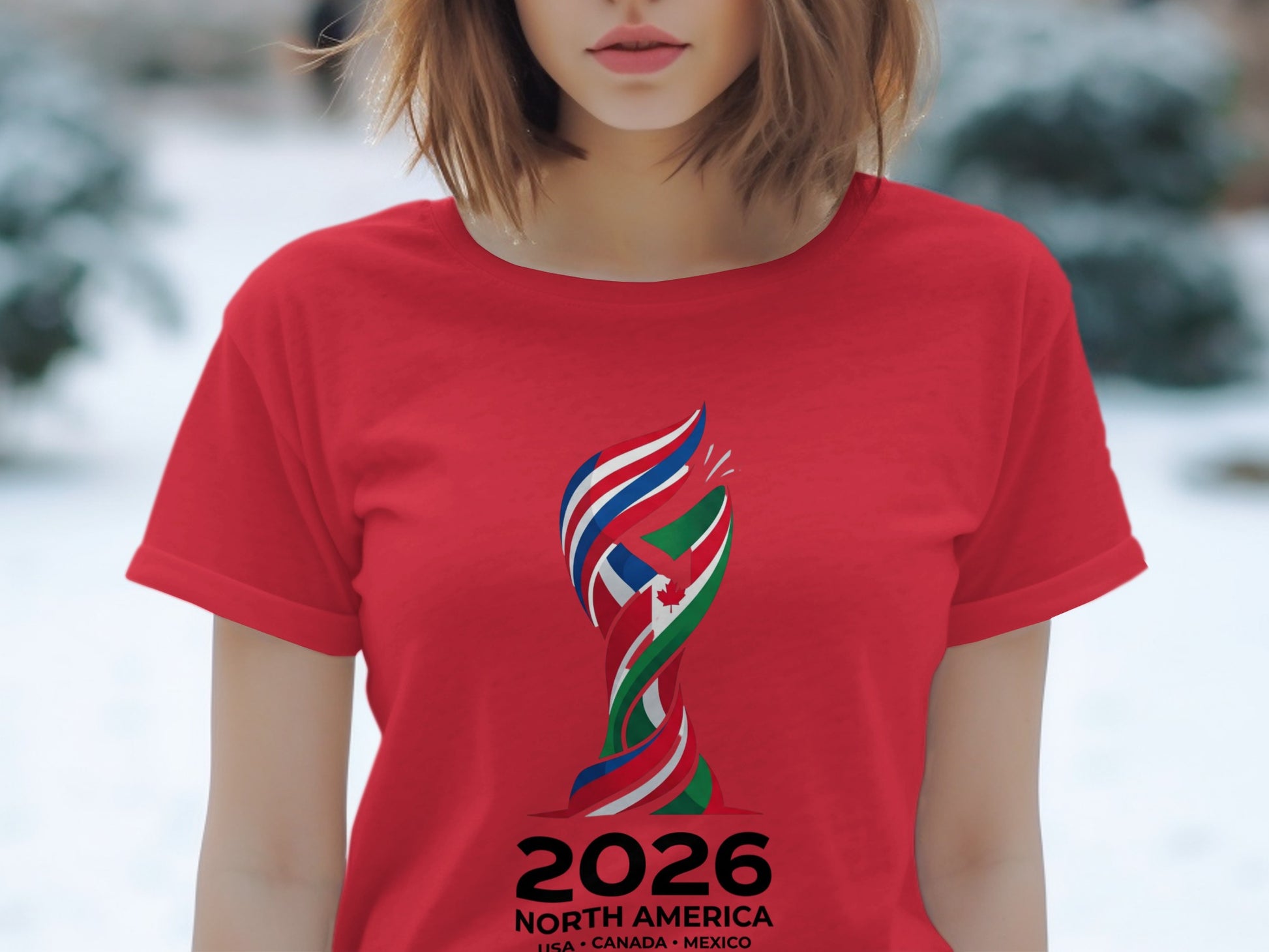 Red t-shirt with 2026 North America USA Canada Mexico logo.