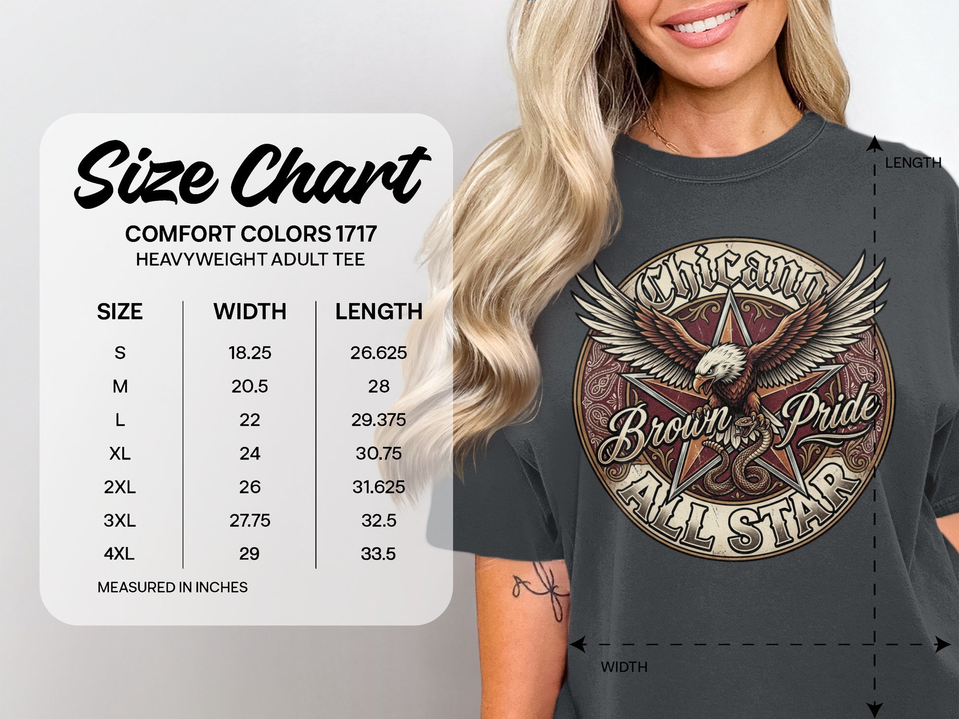 Size chart for Comfort Colors 1717 heavyweight adult tee.
