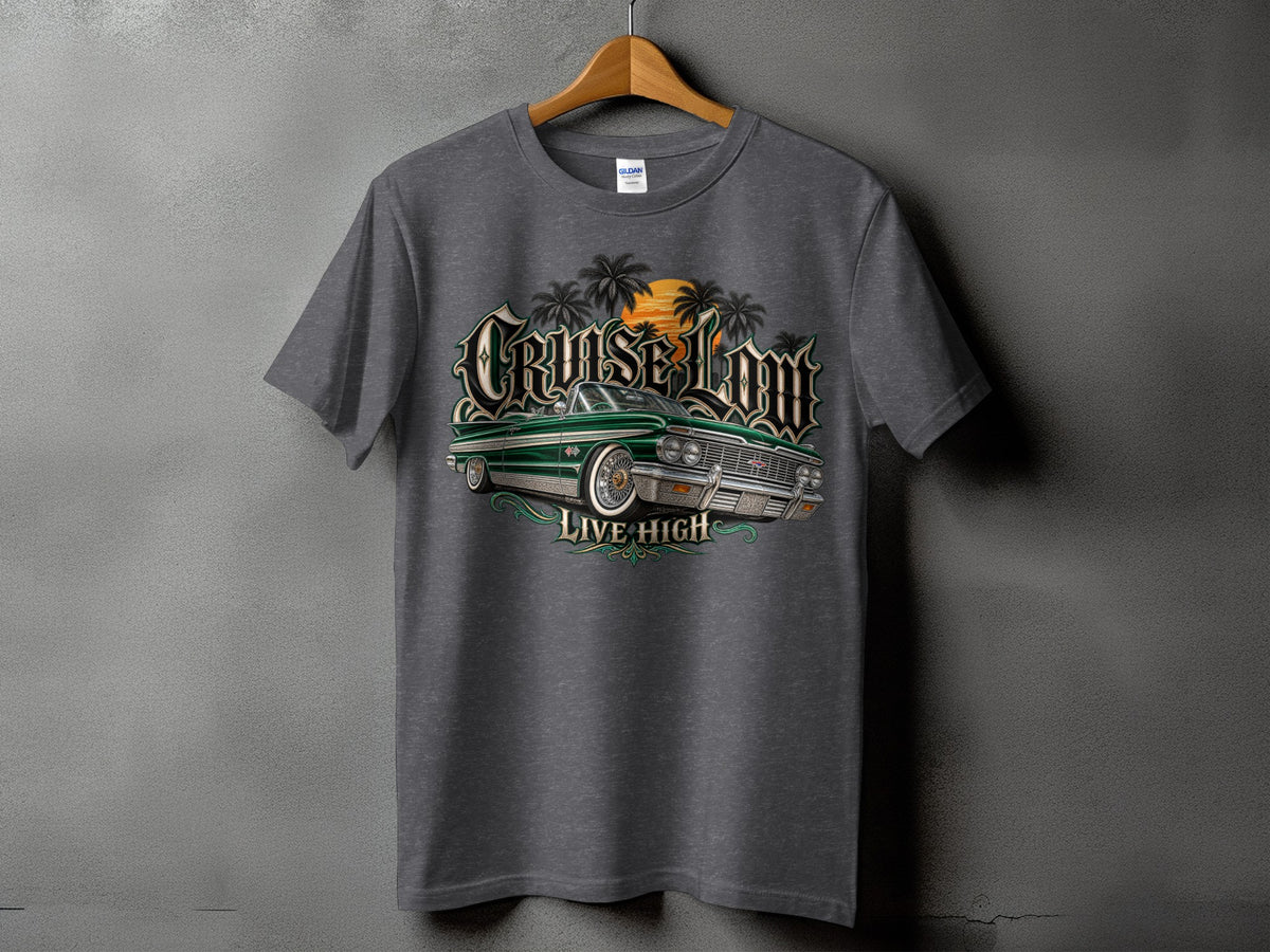 T-shirt graphic with green lowrider car, palm trees, sunset, and "Cruise Low" and "Live High" text.