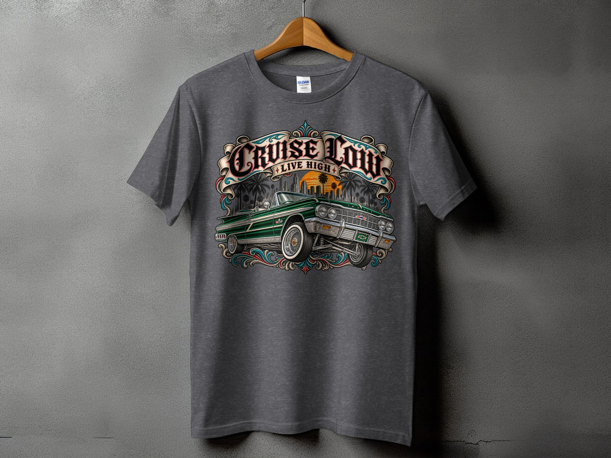 T-shirt graphic featuring "Cruise Low Live High" text and a green lowrider car.