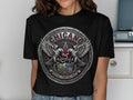 Black t-shirt with Chicano All Star emblem featuring eagles, shield, and Mexican flag.