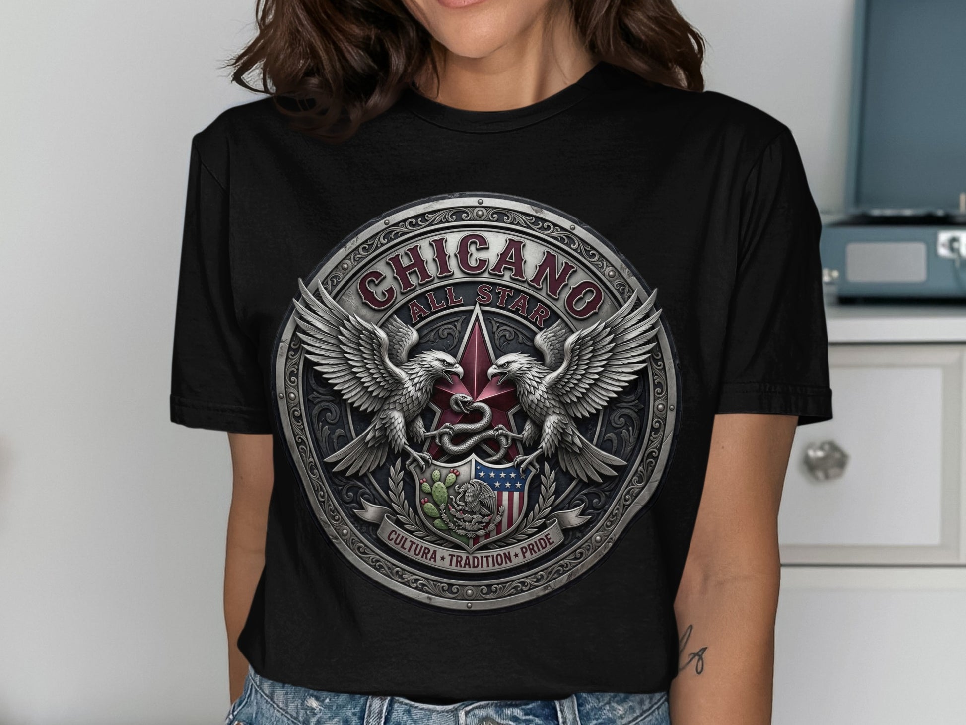 Black t-shirt with Chicano All Star emblem featuring eagles, shield, and Mexican flag.