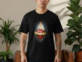 Black t-shirt featuring the Sacred Heart of Jesus with roses and a sword.