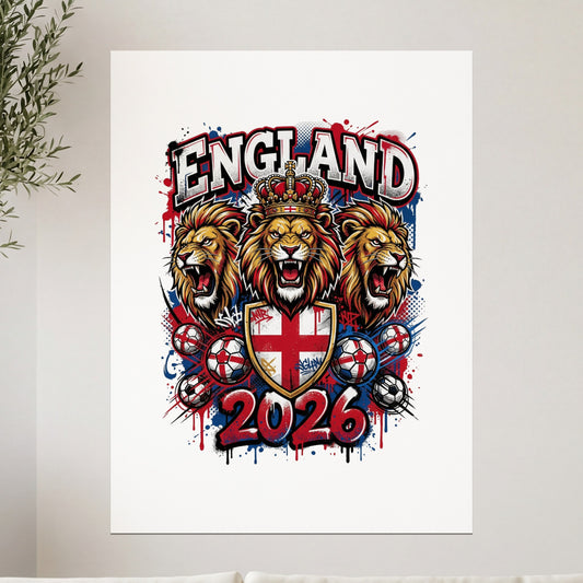 Three roaring lions wearing crowns, with a shield and "England 2026" text.