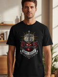 Black t-shirt with Sacred Heart, cross, roses, and 