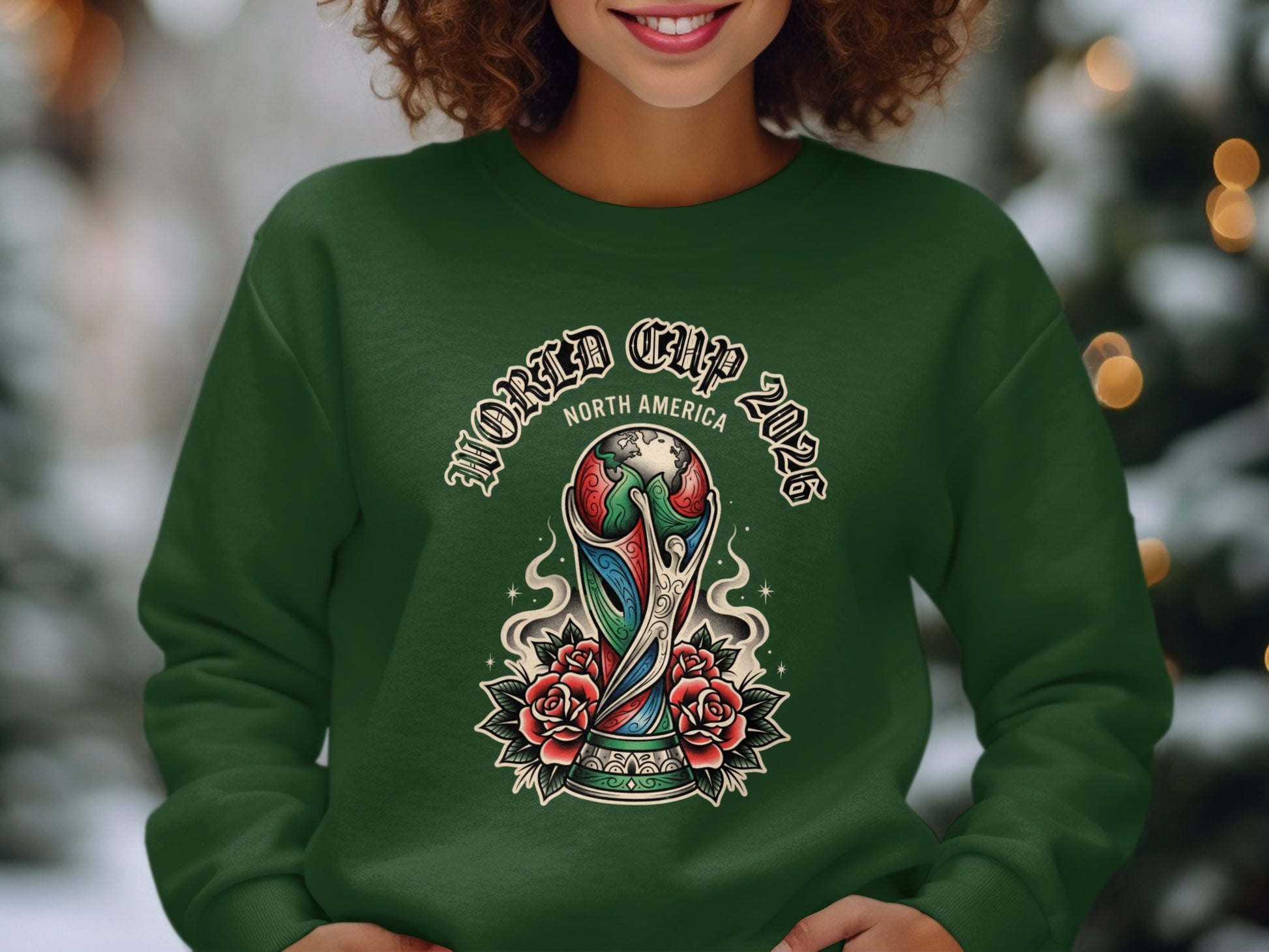 Green sweatshirt with World Cup 2026 North America trophy logo and roses.