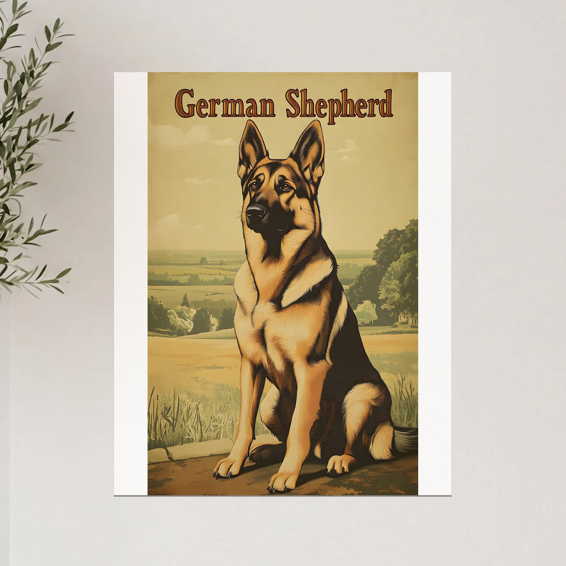 German Shepherd dog sitting outdoors with "German Shepherd" text above.