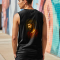 Black tank top with Jesus wearing a crown of thorns on the back.