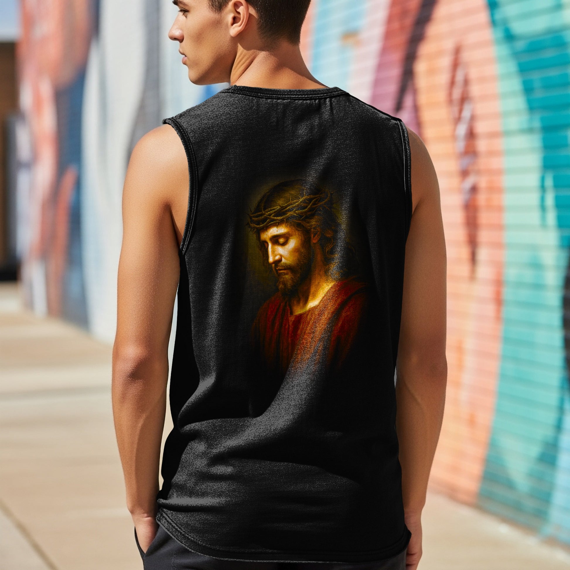 Black tank top with Jesus wearing a crown of thorns on the back.