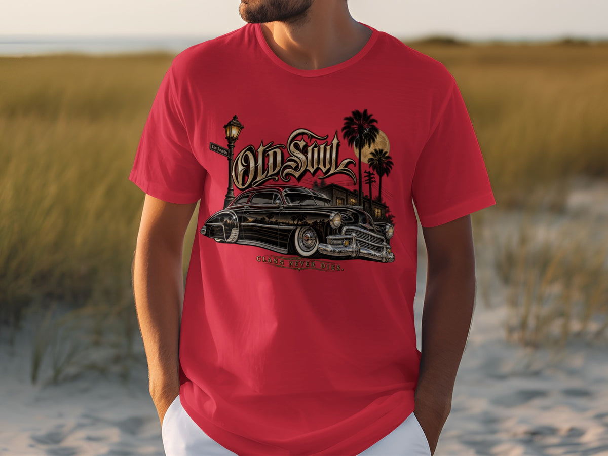 Red t-shirt with "Old Soul" text, a classic car, palm trees, and "Class Never Dies" slogan.