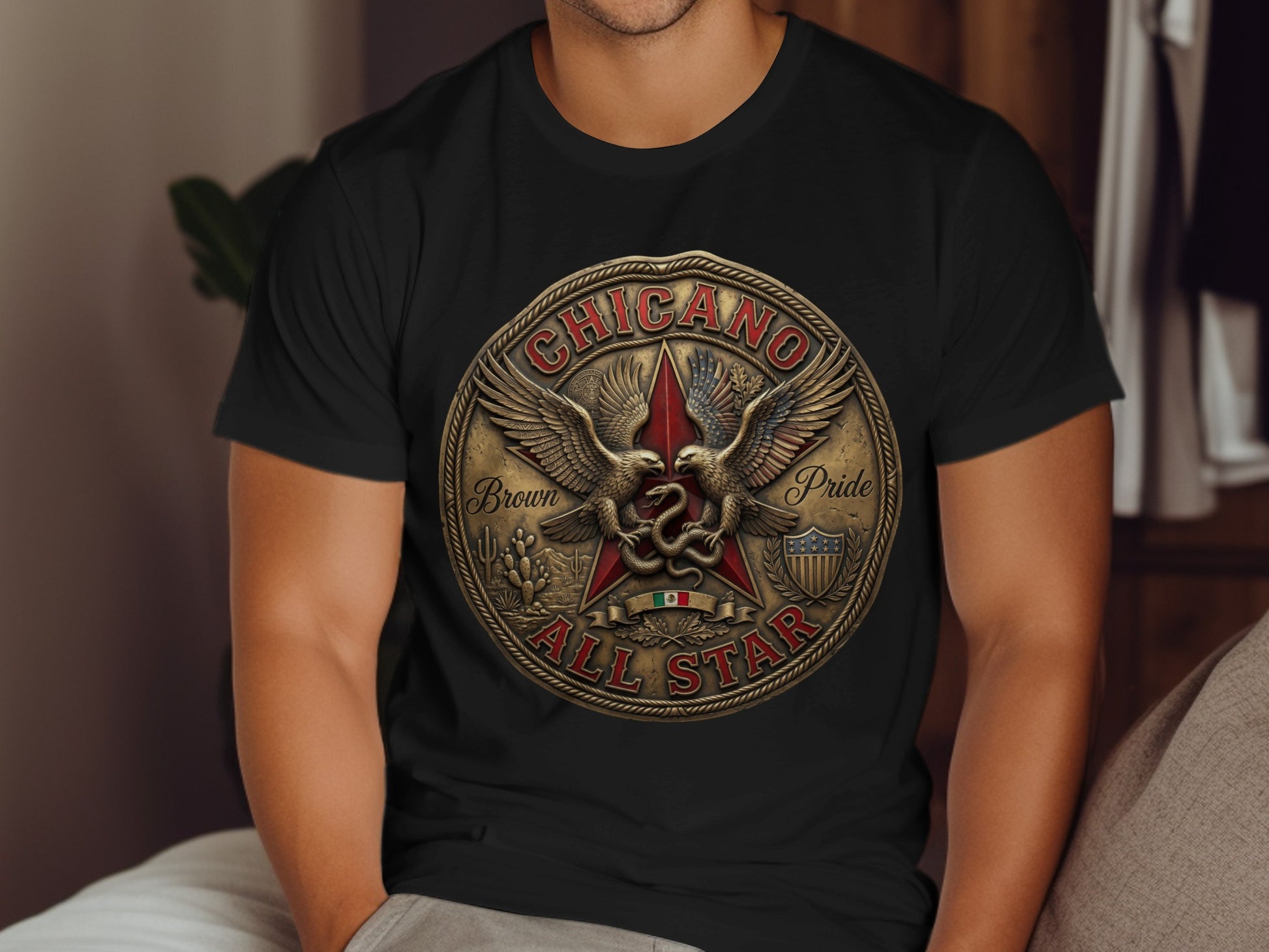 Chicano All Star emblem with eagles, snake, and stars.
