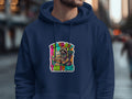 Navy hoodie with colorful trash panda graphic: 