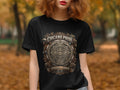 Black t-shirt featuring a circular Aztec calendar design with 
