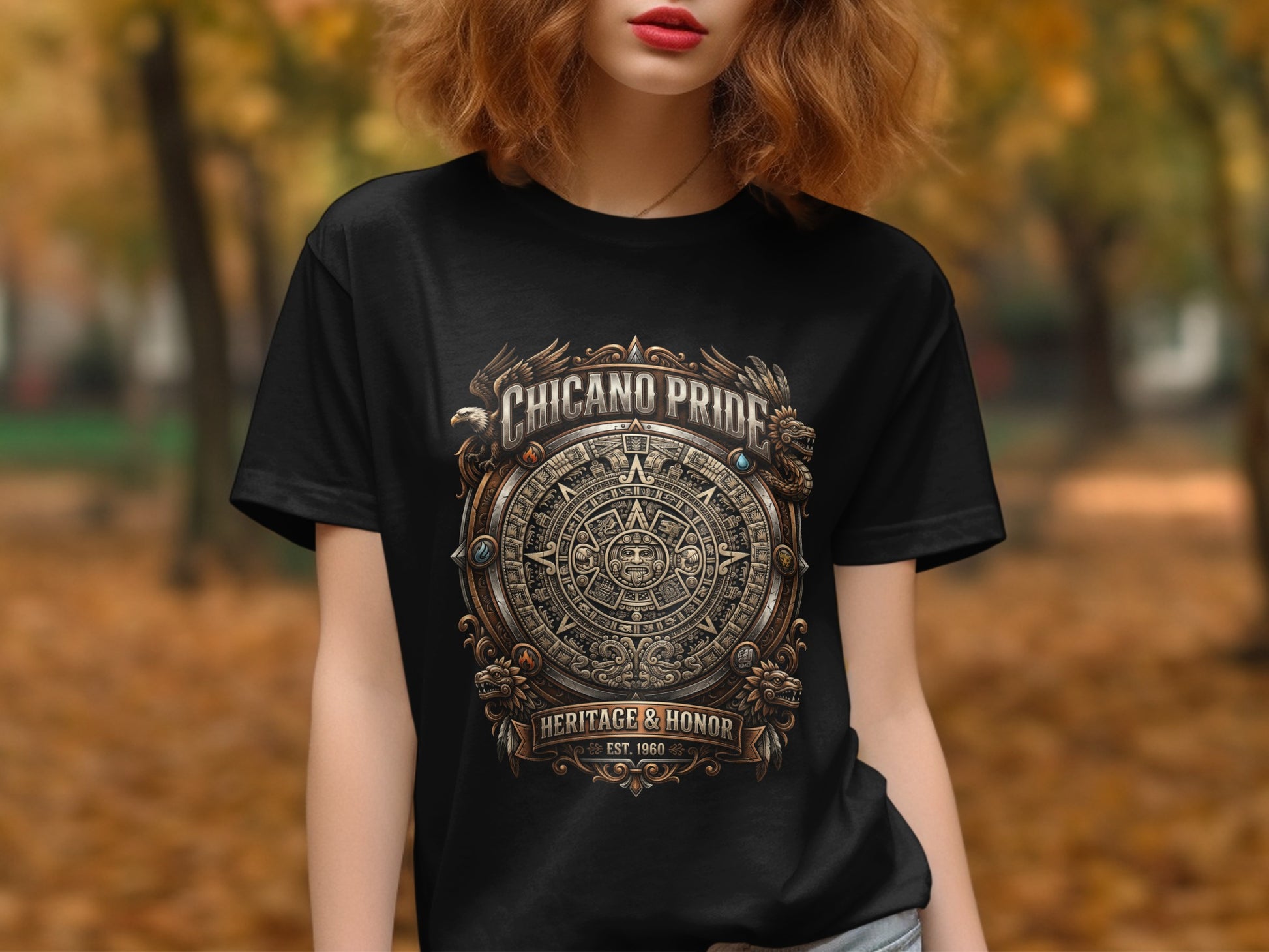 Black t-shirt featuring a circular Aztec calendar design with "CHICANO PRIDE HERITAGE & HONOR EST. 1960".