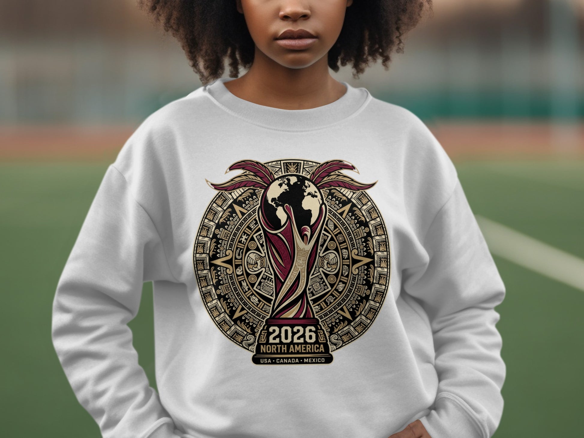 White sweatshirt with 2026 FIFA World Cup North America logo.