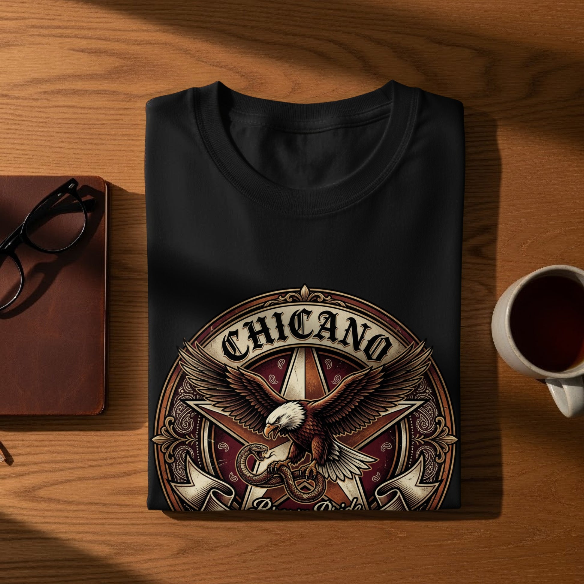 Black t-shirt with "Chicano" text, eagle, snake, and star graphic.